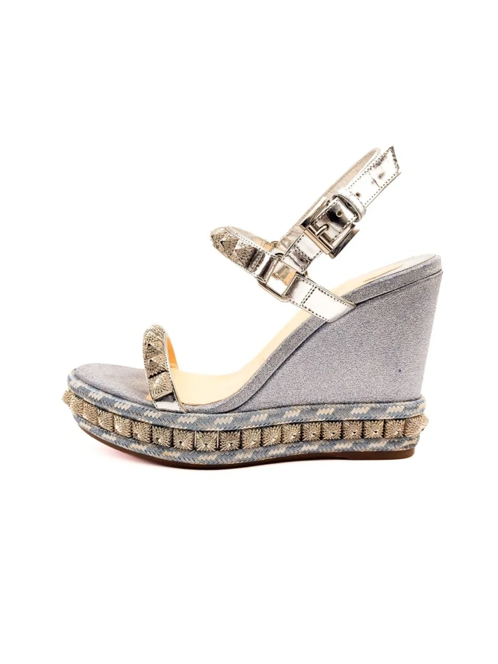 Christian Louboutin Silver Glitter Studded Espadrille Platform Sandals EU 37